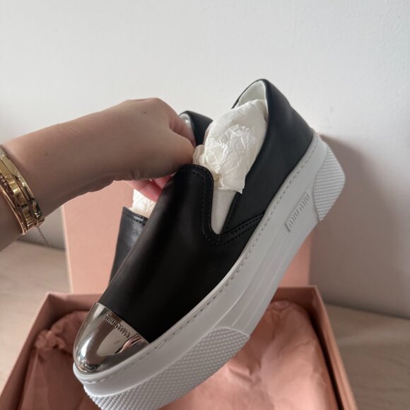 NWT Miu Miu Platform Slip-on Sneakers Black Leather Silver Toe Cap Sz 35.5 - Picture 10 of 13